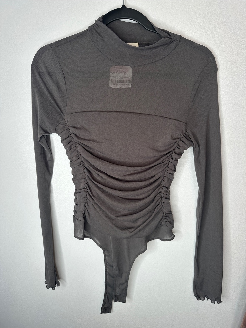Promesa Charcoal Gray Long Sleeve Ruched Bodysuit